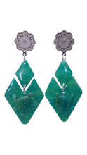 Load image into Gallery viewer, Double stacked diamond shapes in sparkling seafoam green with a sea turtle motif, silver mandala stud