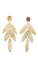 Load image into Gallery viewer, A pair of ocean breeze earrings with a marble-like pattern in shades of white, gold, and green. Attached to gold plated studs