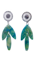 Load image into Gallery viewer, Three slim leaf/petal drops in marbled aqua, teal and green, silver open-weave circle stud