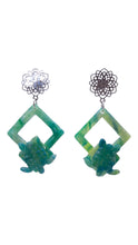 Load image into Gallery viewer, Open diamond frame in marbled green/teal with a 3D sea turtle dangling below, silver filigree stud