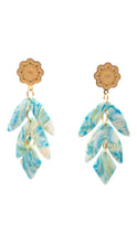 Load image into Gallery viewer, Three leaf/petal drops in vivid ocean blue and white marble, gold filigree circle stud
