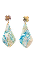 Load image into Gallery viewer, Drops of the blue, gold and a hint of green, with turtles swimming. Attached to gold plated filigree studs. 
